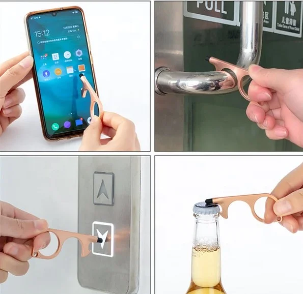 Multi Function Contactless Safety Tool Hand Free Key Tool No Touch Door Opener Bottle Opener Metal Keychain