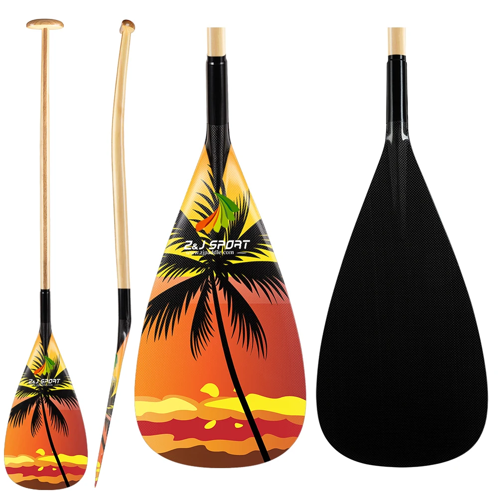 ZJ SPORT Disoucted  Outrigger Canoe Paddle With Carbon Blade And Wooden Bent Shaft