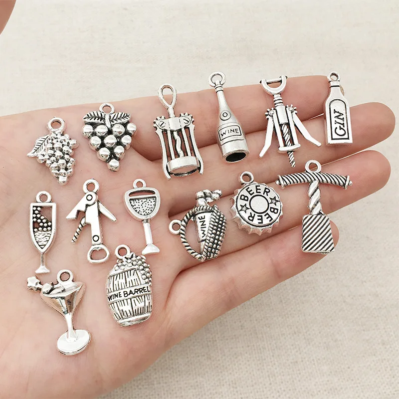 Charms Beer Barrel Grape Wine Opener Glass Antique Silver Color Mixed Pendants DIY Findings Tibetan Making Jewelry Craft