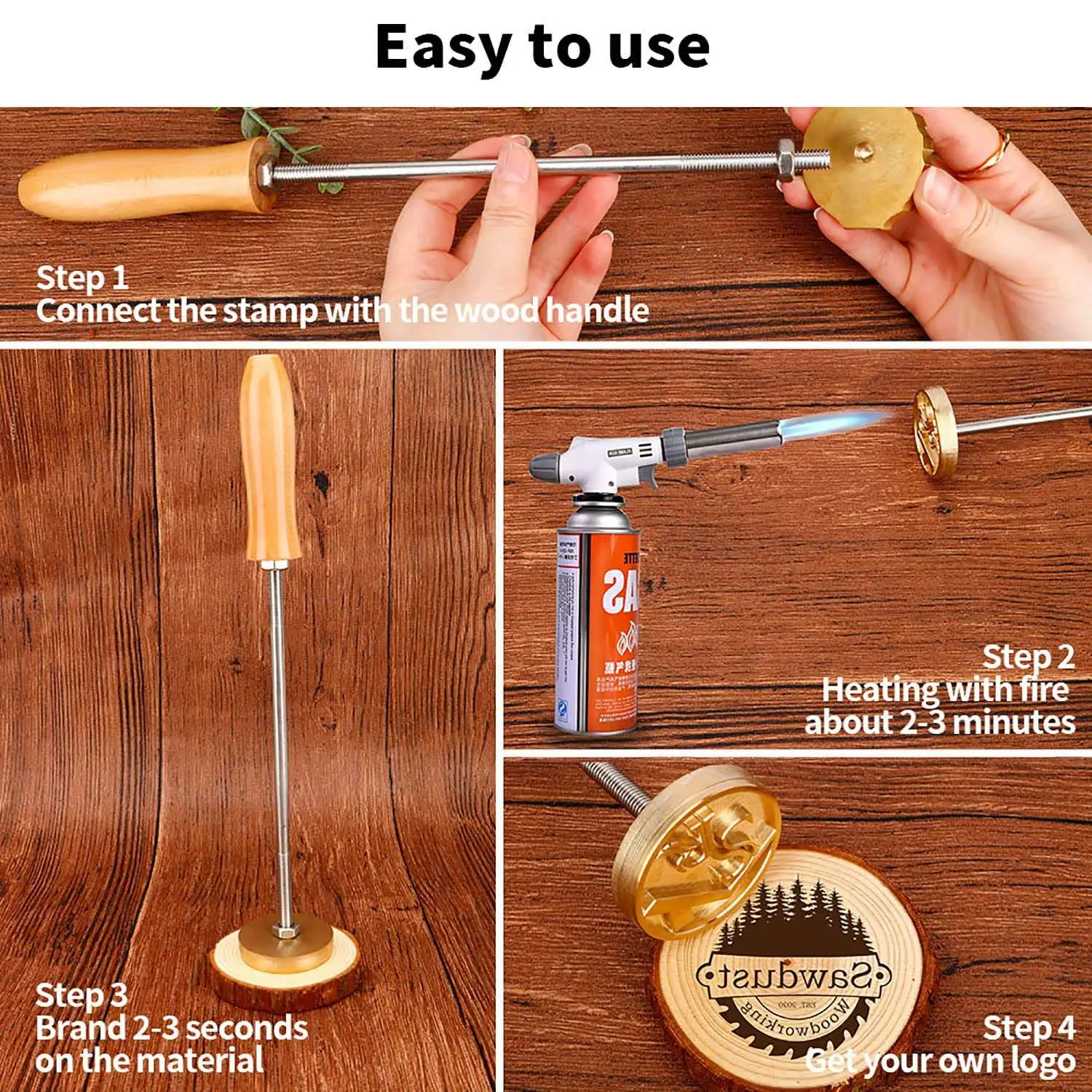 Wood Leather Burning Stamp Branding Iron With Brass Head 50MM Logo Copper Molds DIY Branding Iron Stamp For Father Gift