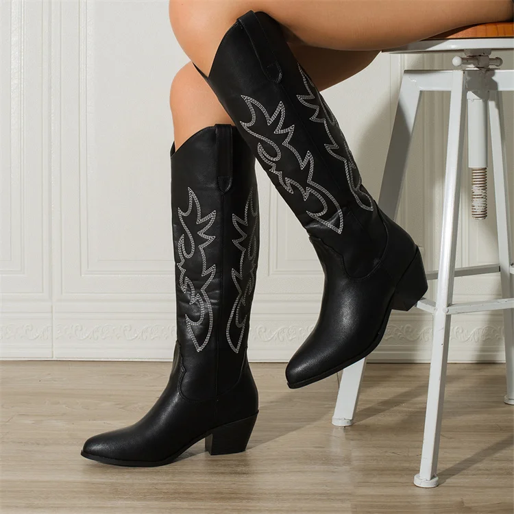Knee High Seam Mid Heel Almond Pointed Toe Classic Cowgirl Boots Pull On Embroidered pull-on Wide shaft cowboy boots