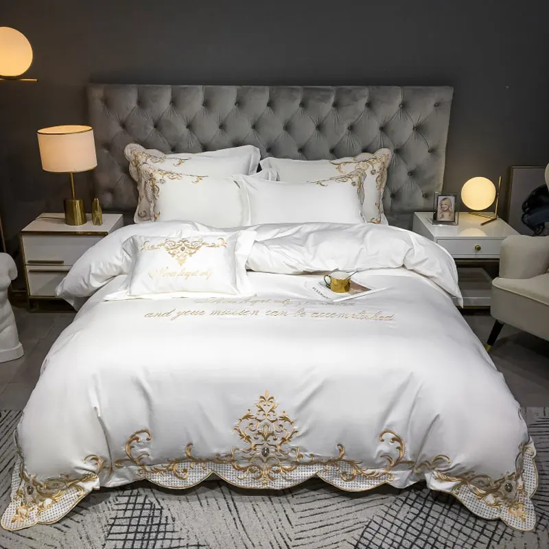 Luxury Exquisite embroidery design cotton king queensize bedding set bedsheetduvetcoversetbedsheetswholesale hotel white cotton