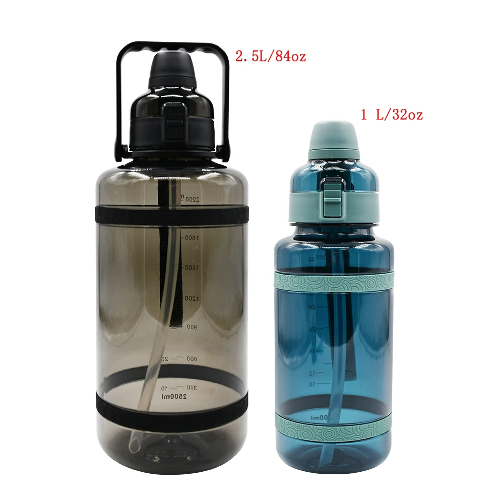 Custom sports plastic large half gallon  32oz 1L motivational water bottle 2 liter water bottle with time marker&straw
