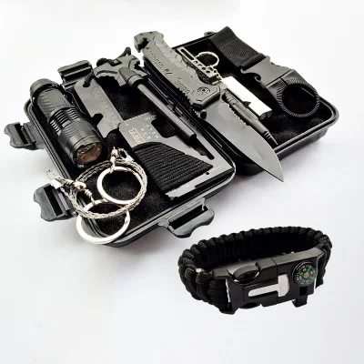 10 in 1 Outdoor Camping & Hiking Tactical EDC Emergency Survival Tool Kit with Whistle Tactical Pen Tool card