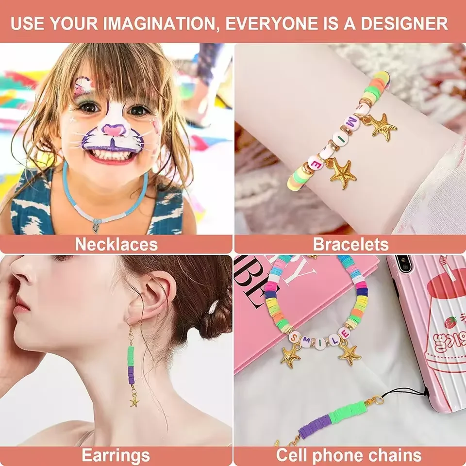 Mixed color for heishi polymer clay beads for DIY kids bracelet making beads set with golden color charm for jewelry making