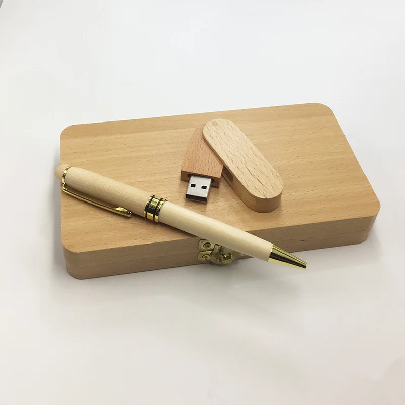 High Quality Luxury Custom Engraved Logo Gift Set Wood Pen USB Flash Drives with Wood Box
