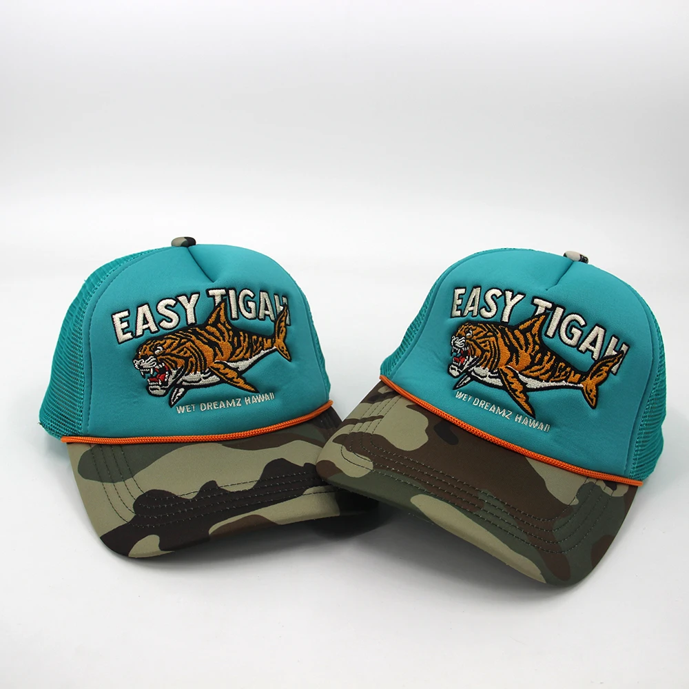 Custom 5 Panel Gorras Sports Blank Foam Baseball Golf Mesh Rope Cap Hat Tiger Trucker Hat Shark Camo Trucker Caps