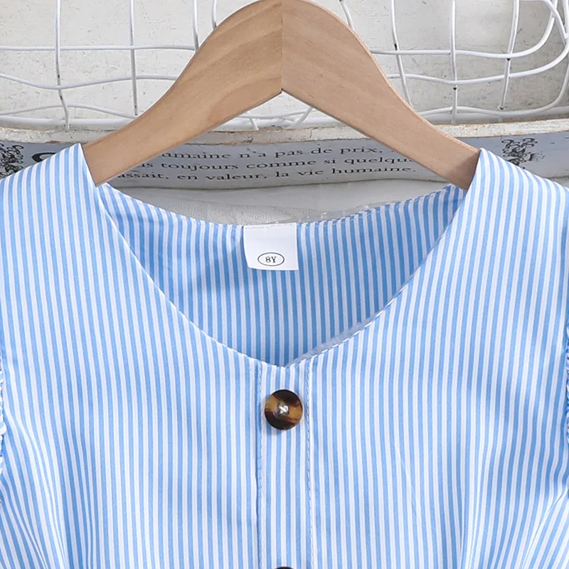 2024 Summer Casual Teenage Girl Clothes Ruffle Fly Sleeve V Neck Striped Print Casual Dress Holiday Dresses For Children