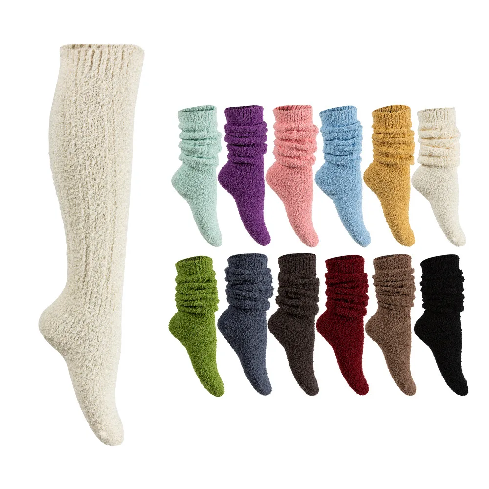 KTS-917-1 Coloful Women Home Soft Cozy Warm Thick Fuzzy Knee High Adult Polyester Microfiber Slipper Slouch Socks