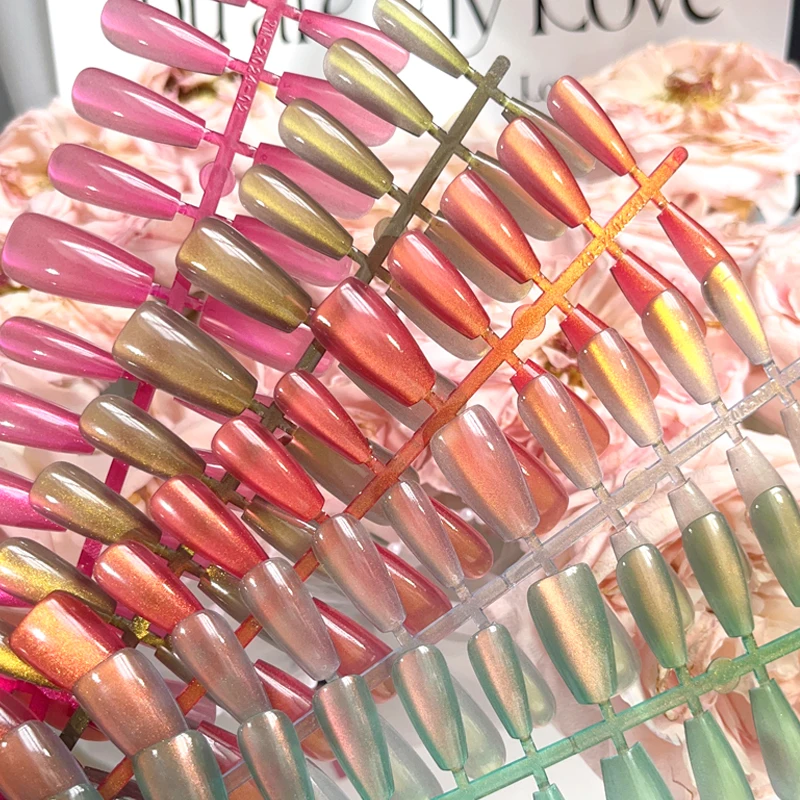 30 PCS Multi Colors Glossy Fashion Coffin Nail Tips Full Cover Cat Eye Press on Nails