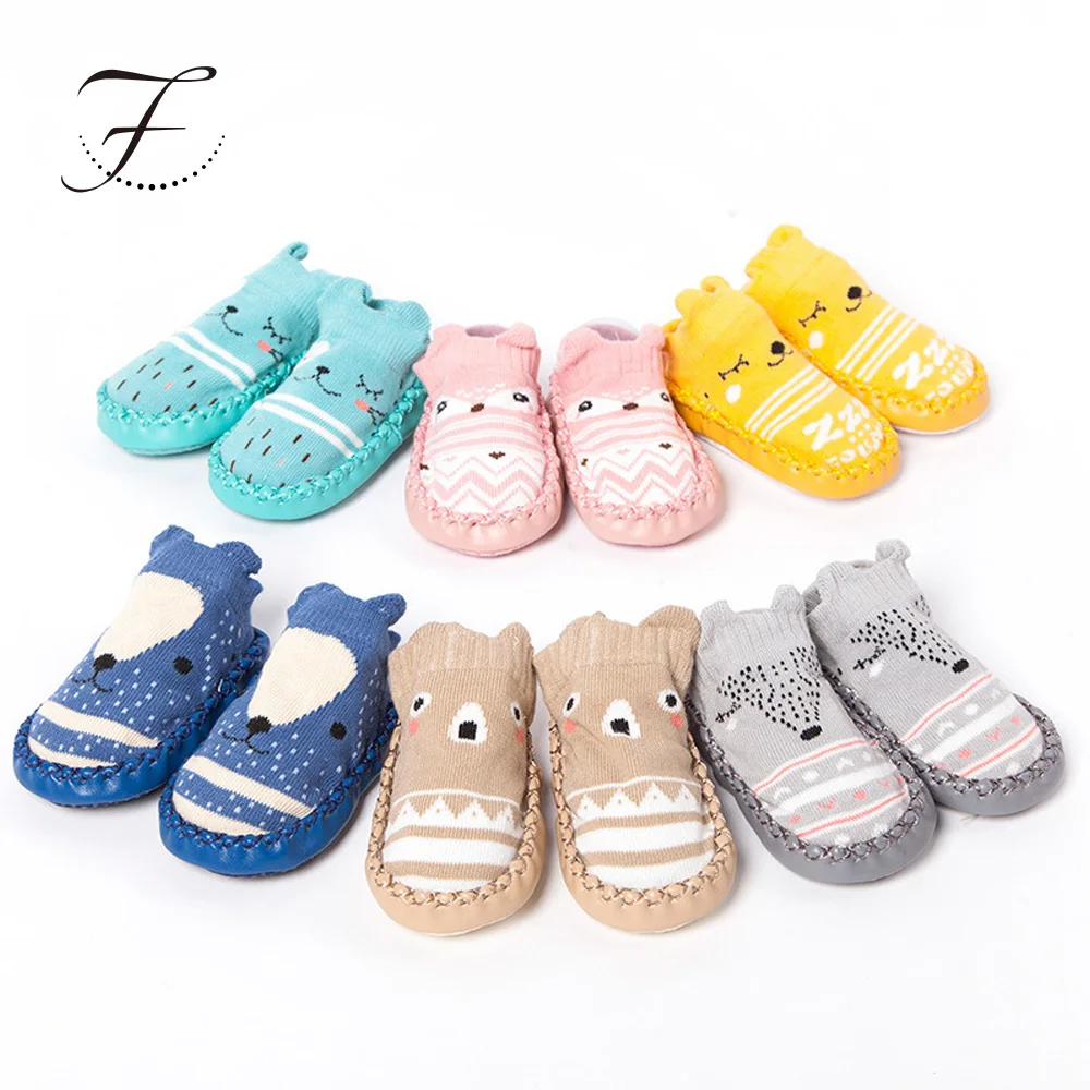 Fiona Newborn Spring And Autumn Cartoon Sole Floor Socks Toddler Combed Cotton Cartoon Non Slip Rubber Baby Shoes Socks