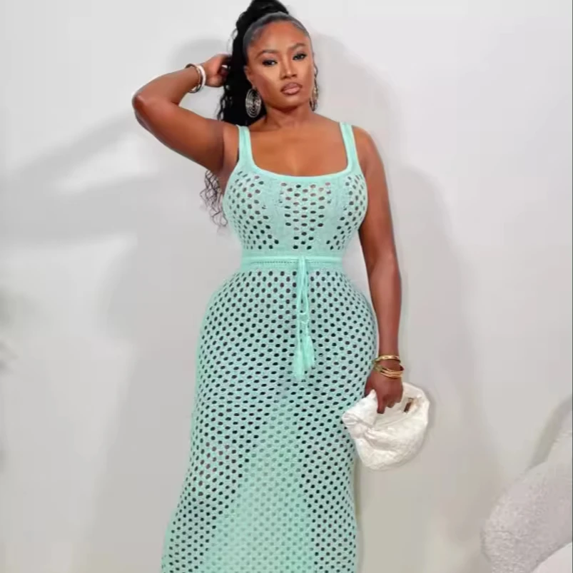 Sharee 2024 Summer New Arrival Sexy Mesh Dress Bandage Hollow Sleeveless Maxi Beach Sexy Dress Women