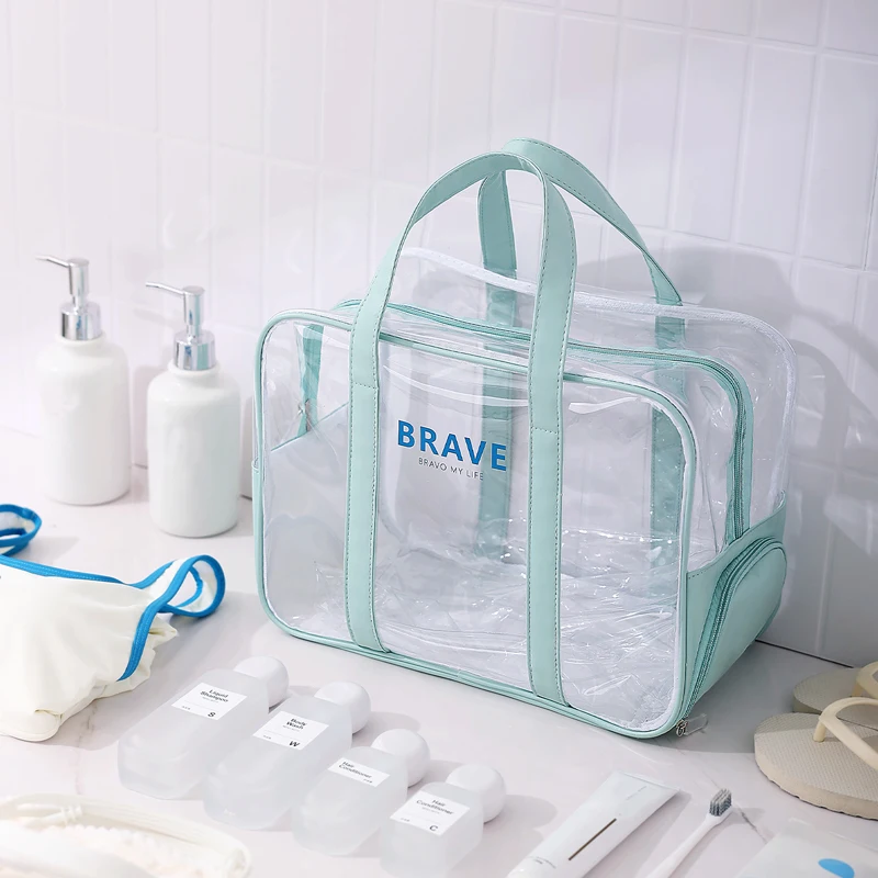 Customization transparent tote bag pvc cosmetic bag clear traveling toiletry bag with shoe compartment