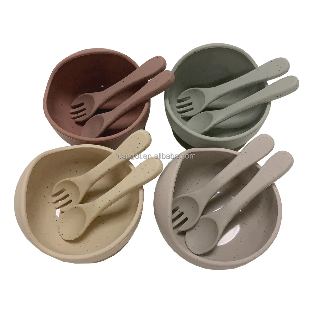 BPA FREE speckle silicone baby suction bowl and spoon fork training eating weaning kids dining Toddlers silicone tableware set