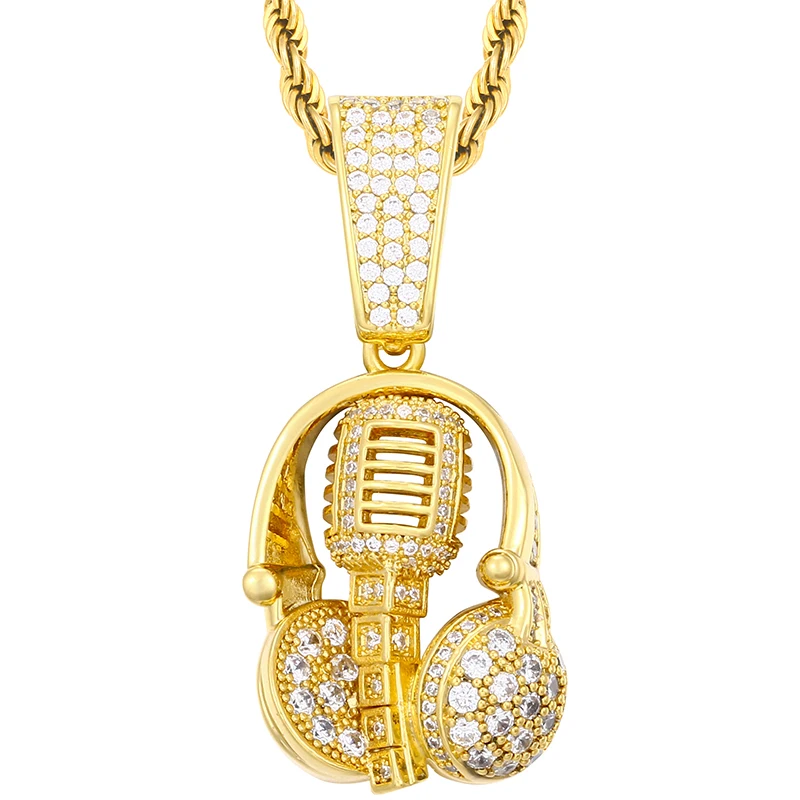 Drop Shipping Bling Tiny Pendants Iced Out Gold Plated Headphone Pendant Hip Hip Microphone Pendant Necklace