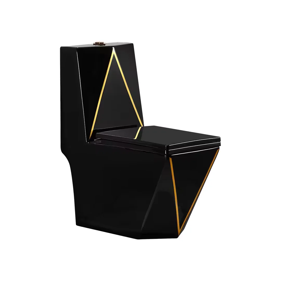 Chinese Factory Diamond Shape Black Gold Line Toilets Bathroom Ceramic One Piece Toilet For Hotel