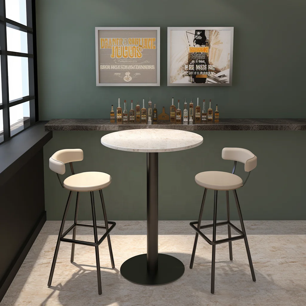 Wholesale factory directly Tall round white marble bar tables with square black metal base