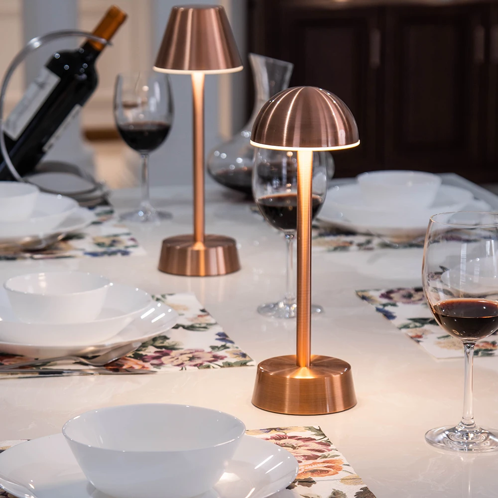 Aluminum Cordless Table Lamp Mushroom Portable LED Desk Lamp 5000mAh Battery Operated 3 Color Stepless Dimming Up for Restaurant