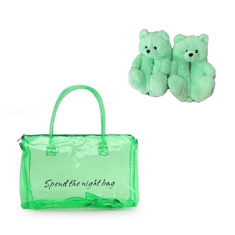 Hot Overnight Bag And Teddy Bear Slippers Set Selling Travel Custom Clear Pvc Spend The Night Bag Pink Gym Duffle Sports Bag