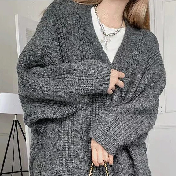 2024 new spring and fall loose thin medium-length thickened sweater coat fashion knitted cardigan female