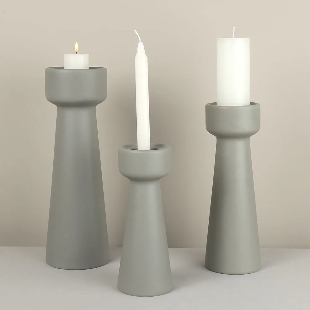 Gray Color Table Tall Tape Pillar Stick Candle Holder Ceramic
