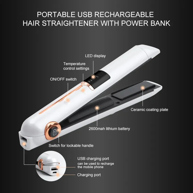 2 in 1 Cordless Flat Iron Curler Portable Wireless Mini USB Rechargeable 400 Degree Hair Straightener