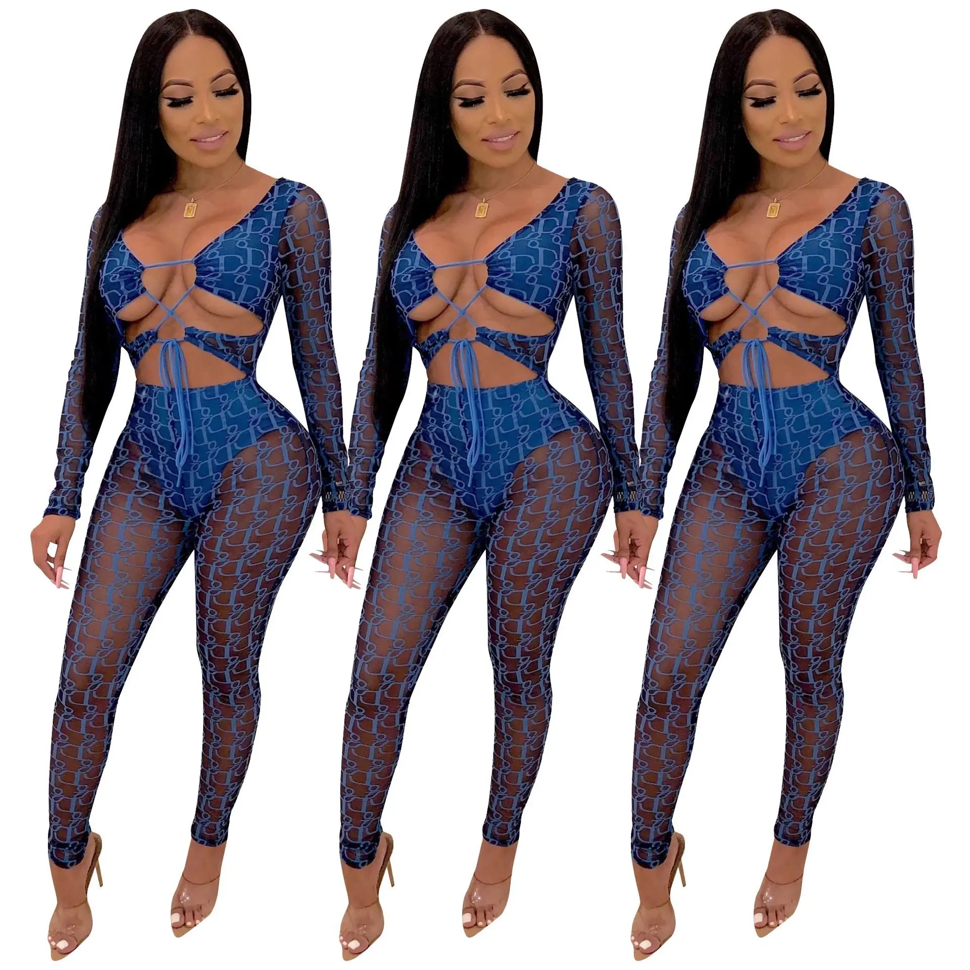 B91236 2019Women fashion sexy letter  printing jumpsuit long sleeve women bodycon jumpsuit pencil pants mesh sexy women jumpsuit