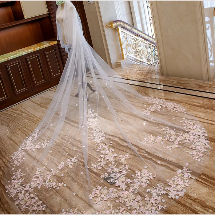 Hot sale Luxury Two-Layer Lace Wedding Veil with Pink Flowers 3.5 Meters Long Bridal Veils with Comb