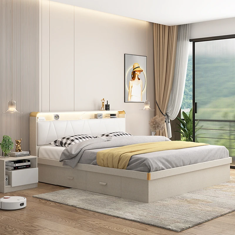 Full Furnished Bed Room White Standard Queen Double Platform Stylish Leather Functional Beauty Bed Frame