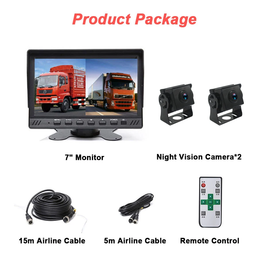 7 Inch 1080P AHD Truck Backup 2 Camera Monitor Waterproof IP68 Truck DVR Function With Reversing Radar Assistance PZ-612 2AHD