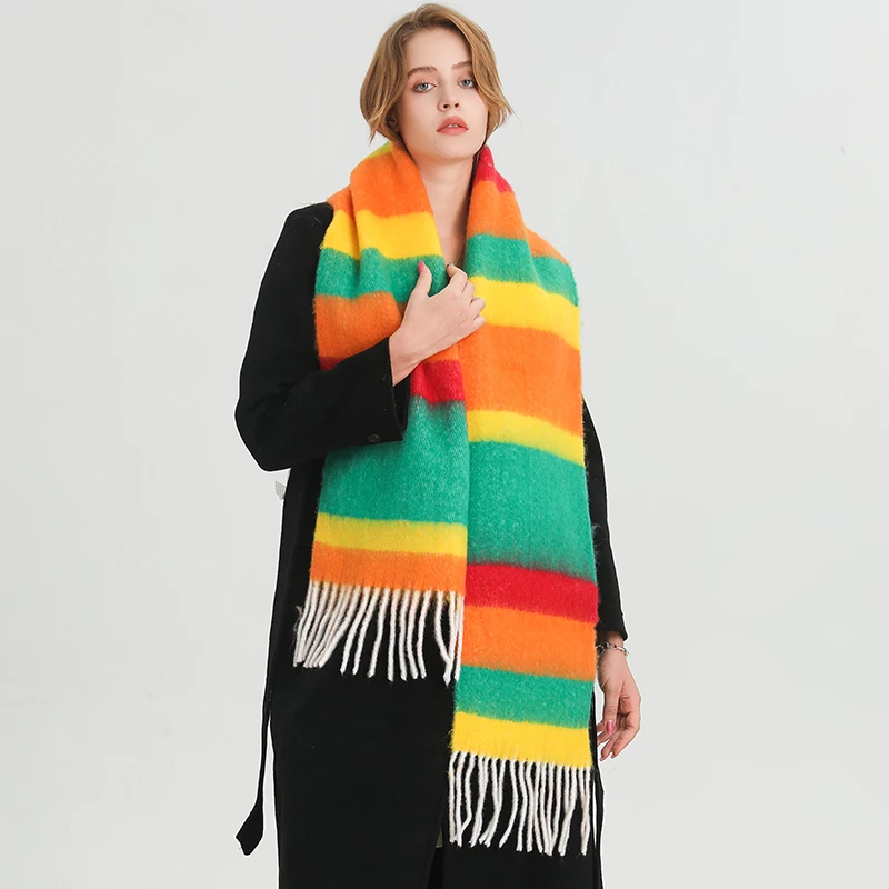 Fashion Thick Warm Scarf for Women Striped Print Long Imitate Cashmere Blanket Stoles Girls Rainbow Pashmina Bufanda With Tassel