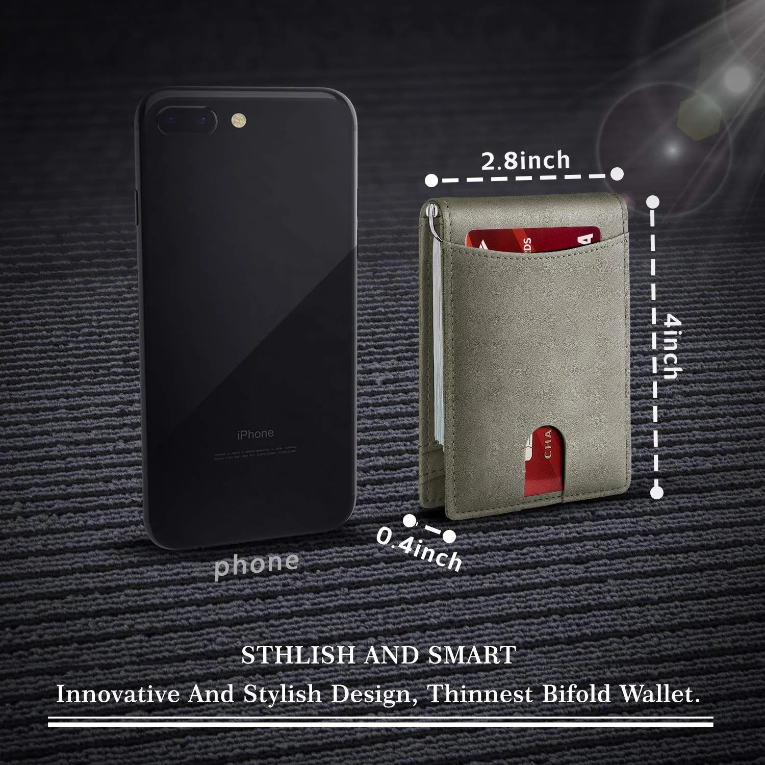 Grey Vegan Leather Minimalist Ultra Thin Brushed Dollar Clip Wallet RFID Blocking Slim Man Money Clip Wallet