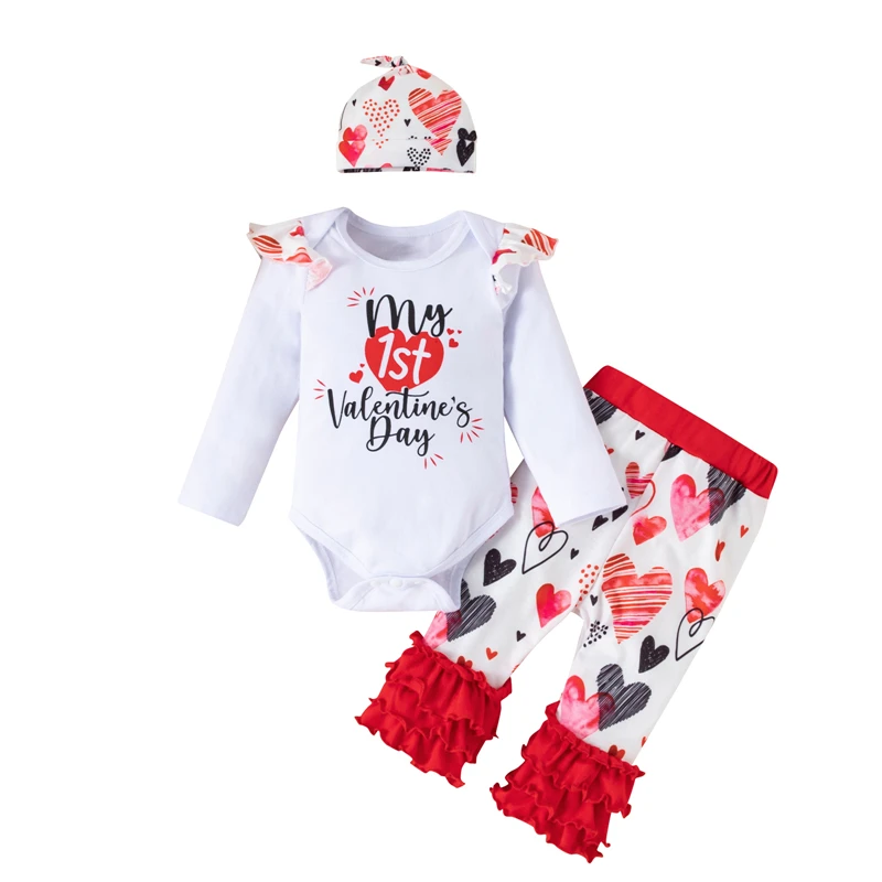 Fall 100% Cotton Newborn Boutique Clothes 1st Valentine Kid Outfits Baby Girl Clothing Sets Infant My First Valentines Day Gift