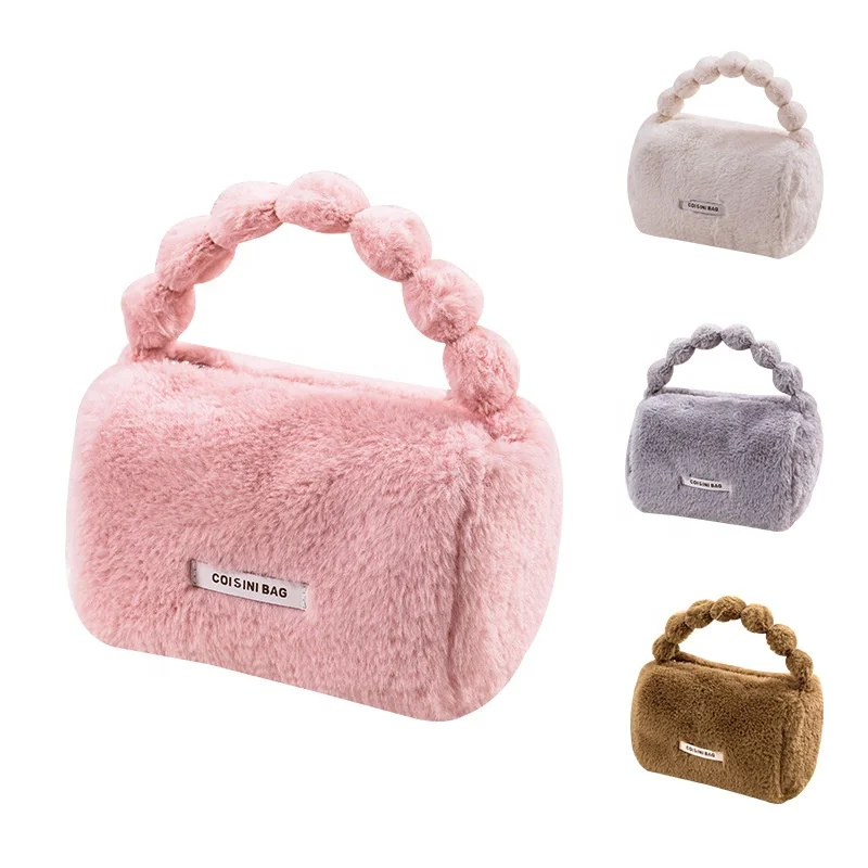 Fluffy Cute Makeup Bag Cosmetic Bags Pink Wholesale Velvet Private Label Plush Fashion Makeup Storage Women Bag