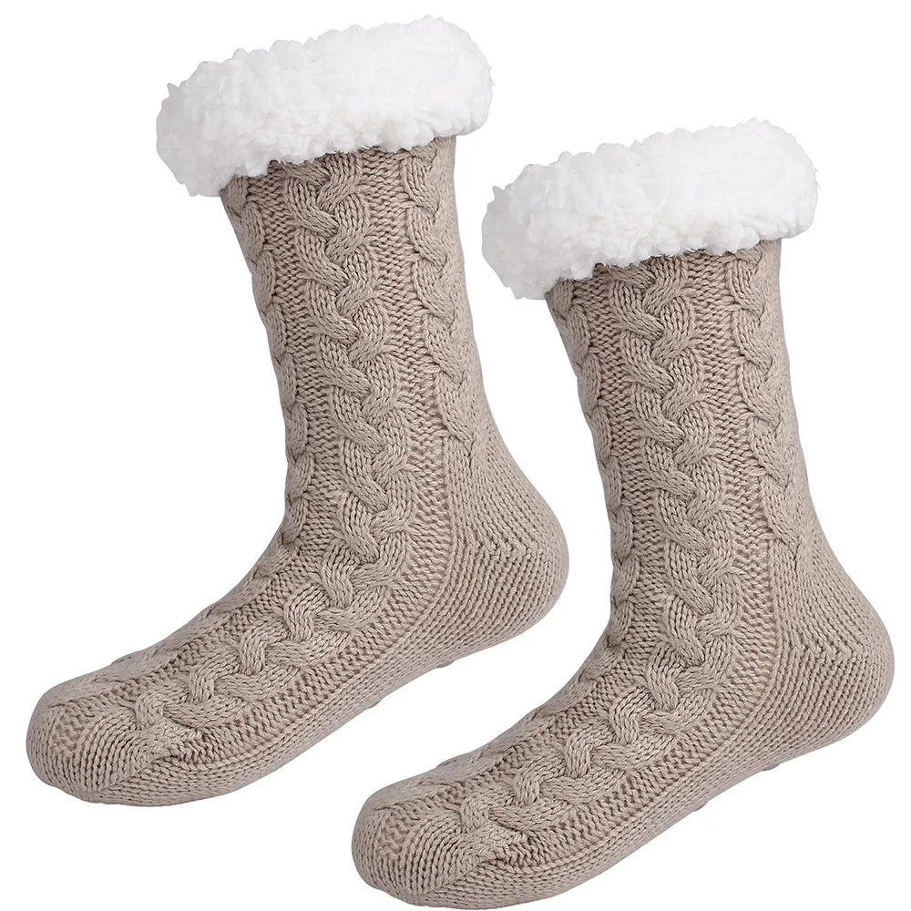 Socksmate Custom winter women warm polar fleece non slip grips knitting thick home woolen heated indoor floor shoes socks