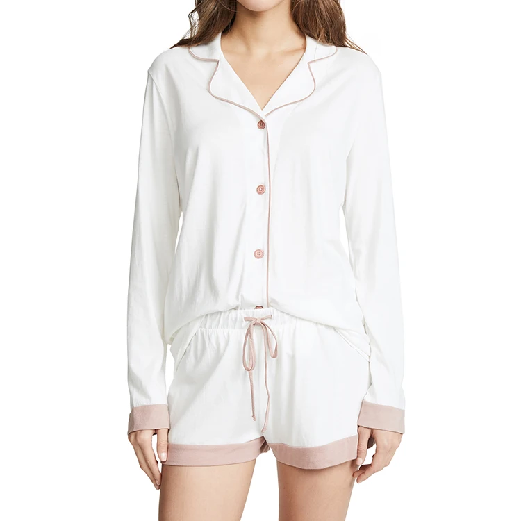 Two Piece Long Sleeve Shirts And Shorts Ladies Women Sleeping Wear Soft Viscose Modal Sexy Pajama Set