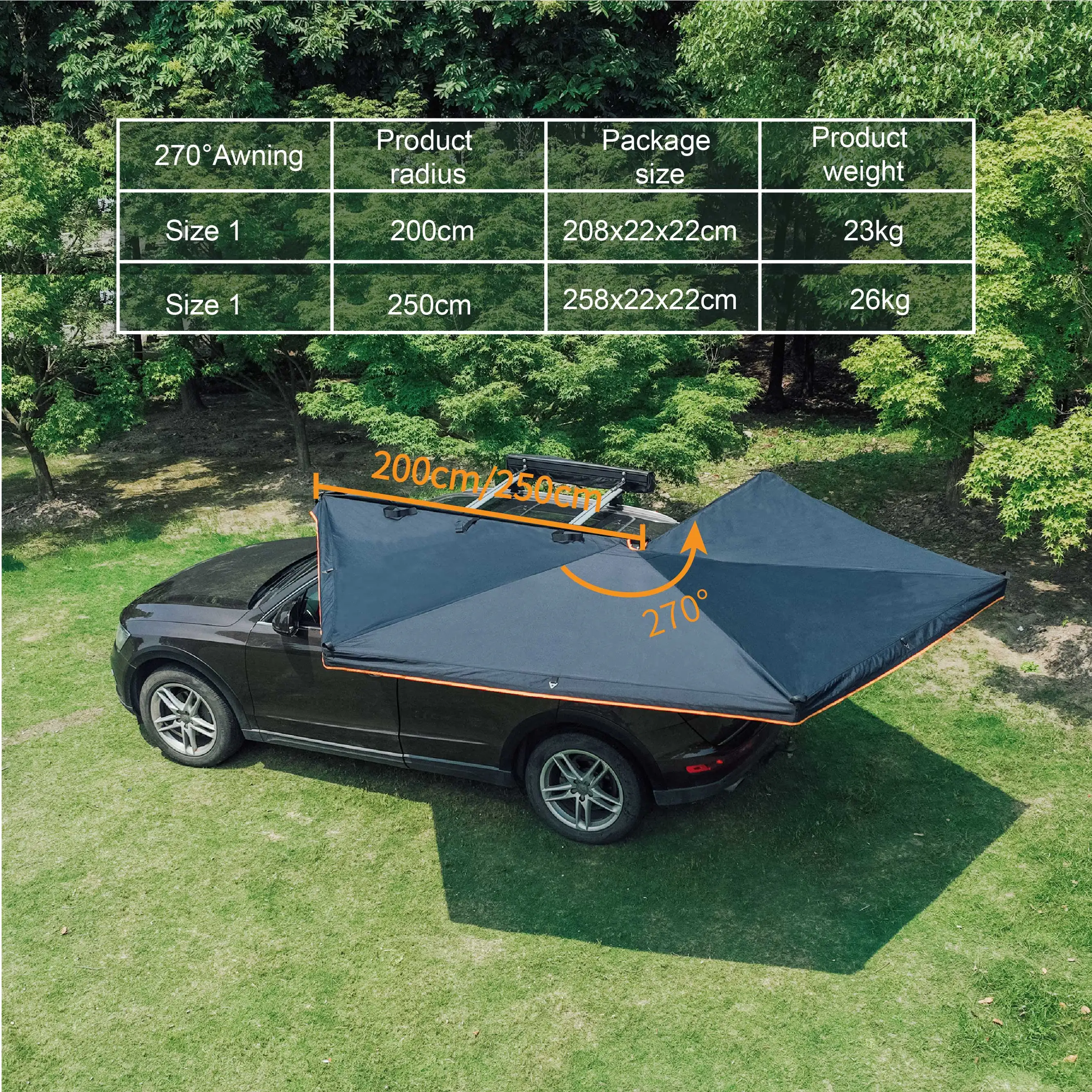 Yescampro new design retractable roof top tent car side mount 270 degree car side awning with led light