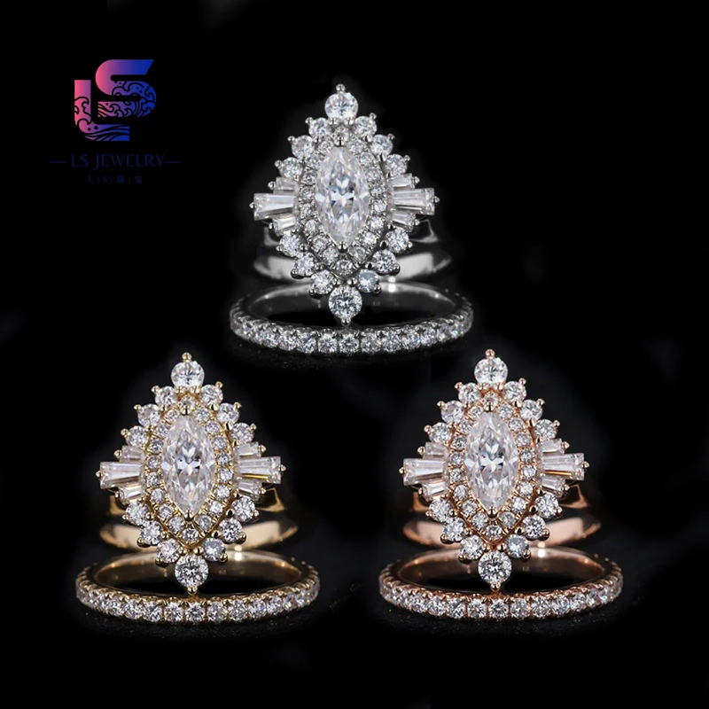 Обручальные кольца Mossanite, женский свадебный набор, 14-каратное кольцо из массива золота, обрезка маркиза, гало, кластер, муассанитовое кольцо