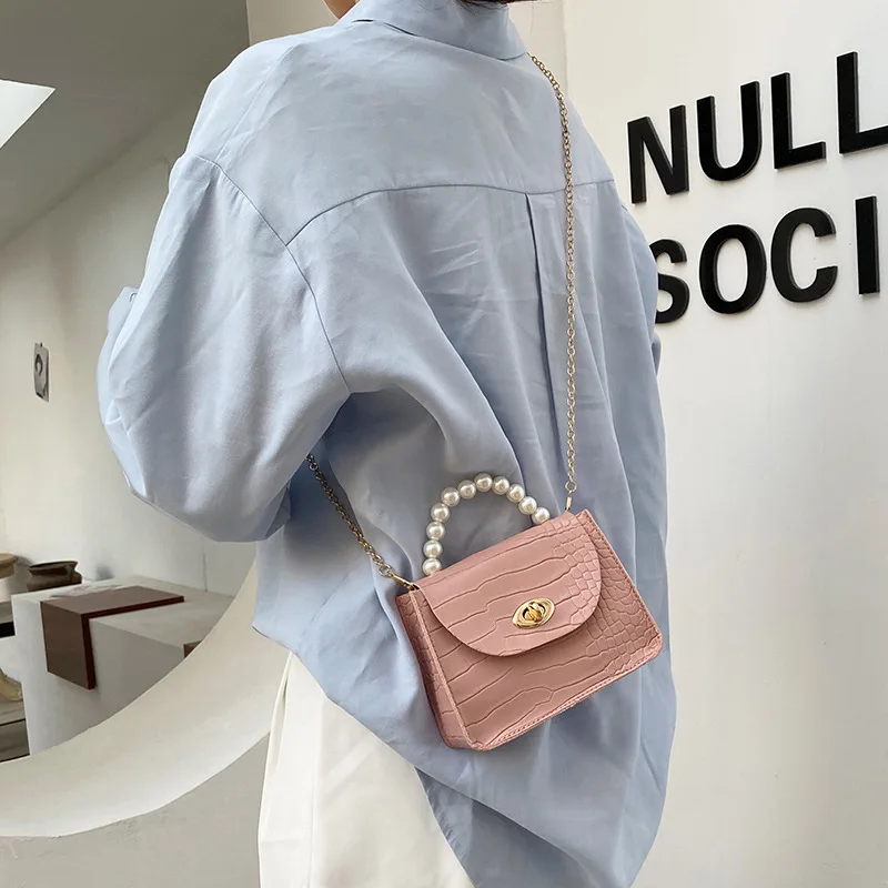Cheap Wholesale Ladies Pearl Handle Bags Hand Bag PU Leather Women Small Chain Purse Handbag
