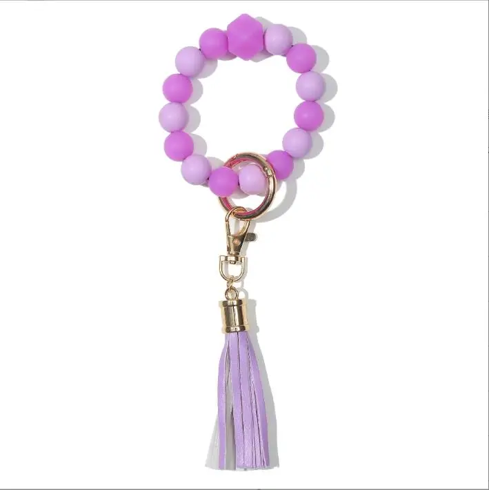 Wristband Keychain Wristlet Bangles Holder Pendant Fluorescent Tassel Key Chain Wrist Keyring Silicone Bead Bracelet