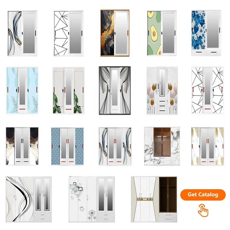 armoire almirah storage simple design 4 sliding couple cloth closet bedroom furniture steel metal wardrobes with mirrored doors