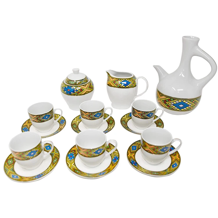 habesha low price silver plated metal ethiopian coffee rekebot tray set with porcelain tea coffee set for sale