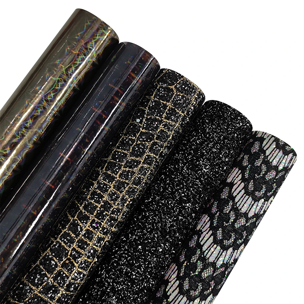 A4/Set Black Faux Leather Sheets Holographic Crocodile Dots Textured Synthetic PU Leather for Leather Bows Earrings Making