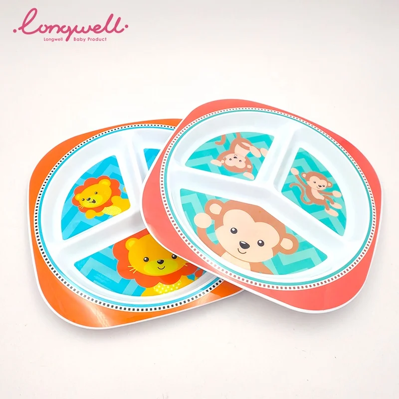 
Ningbo Longwell Custom Three Grid Eating Lunch Kids Home Cute Animal Printed PP Plates ODM Dish BPA Free Plastic Baby Food Plate 