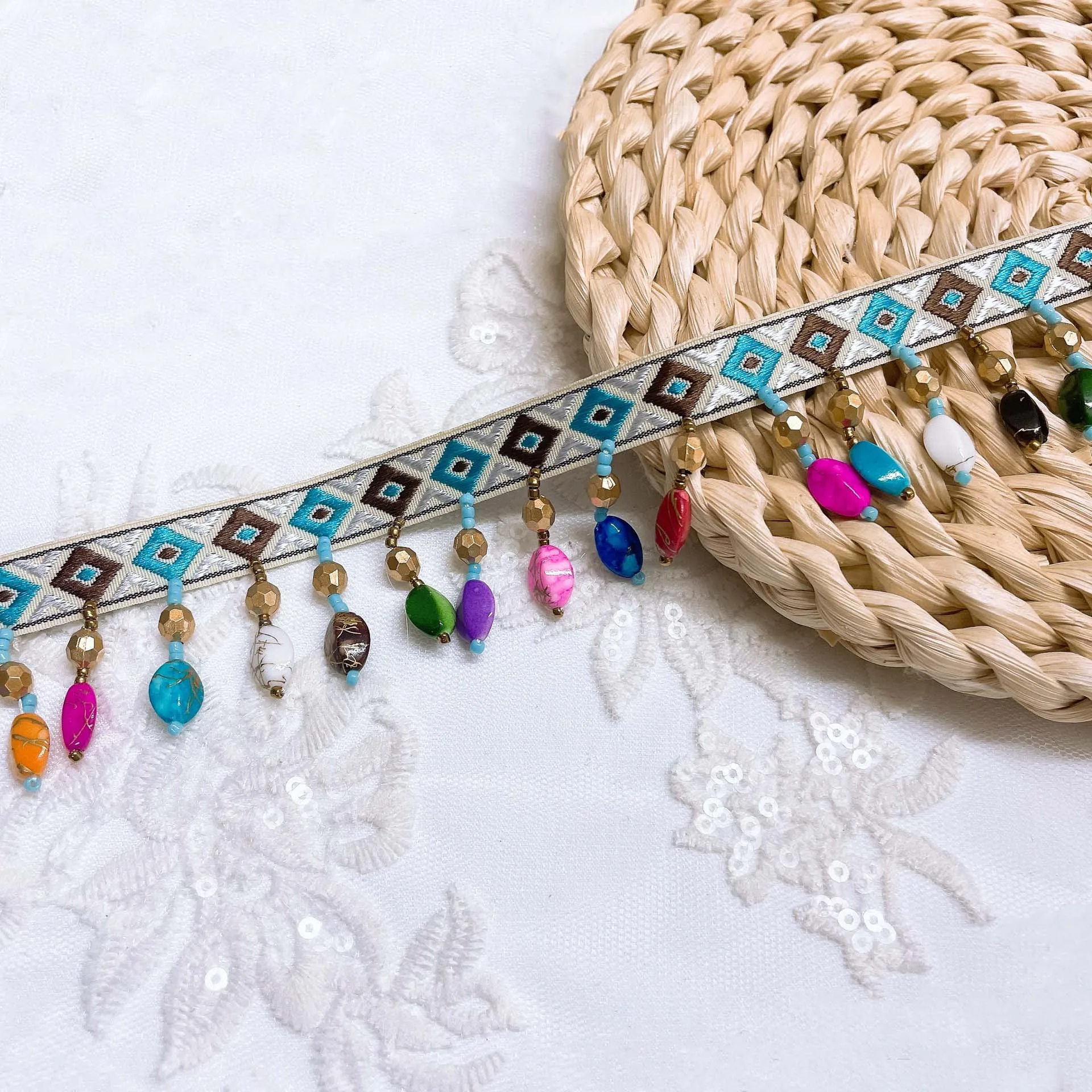 diy sewing clothes accessories ethnic lace webbing beaded tassel fringe jacquard geometric ribbon curtain creative textile trim