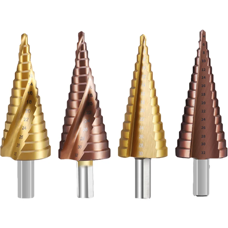 Titanium Coated Step Drill Bits HSS M35 Pagoda drill 4-22mm4-12mm 4-20mm 4-32mm Straight Groove Spiral Groove Step Cutting Tools
