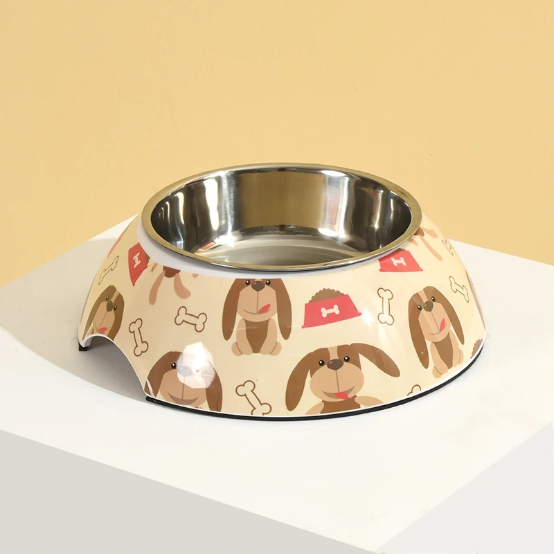 Custom Melamine Pet Stainless Steel Bowl Printed Dog Feeding Single Round Bowls For Cats And Dogs S-L
