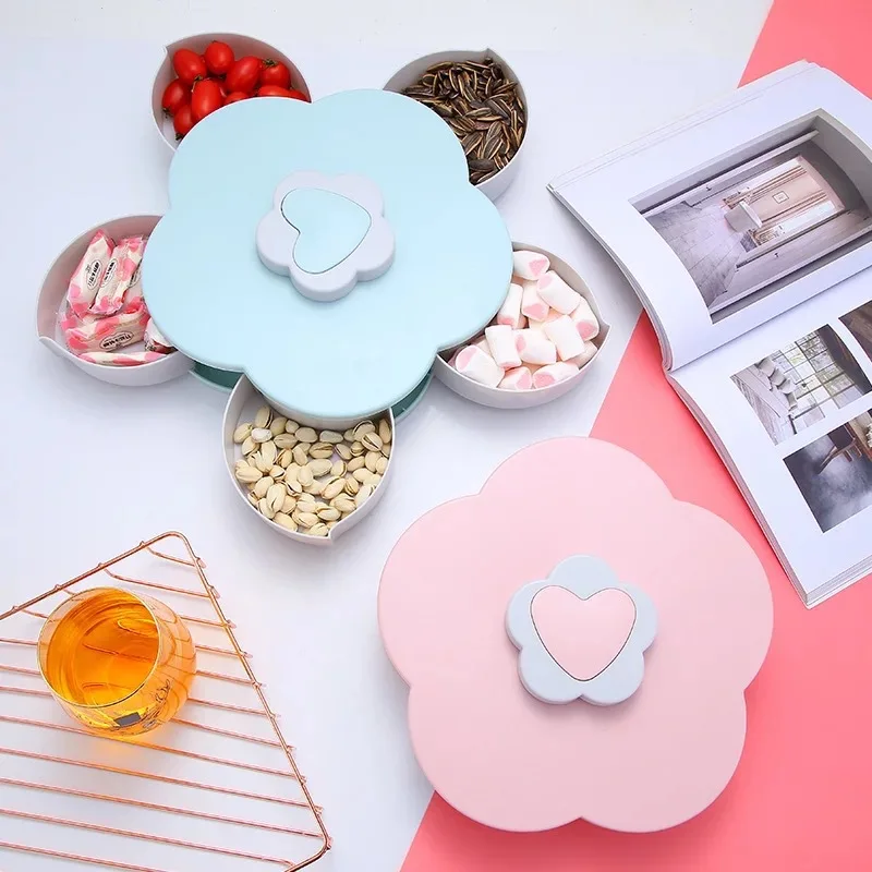 Whole Sale Chinese New Year Multi-Function Cheap Rotary Round Petal Candy Plastic Tray With Lid