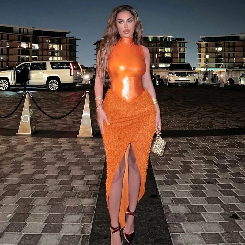 Fashion feather two pieces skirt suit with orange fall short bodysuit and high slit midi skirt