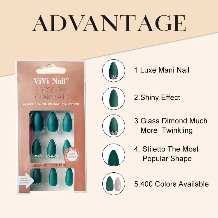NEWAIR 24pcs/box pre-designed nails tip 3D matte green stiletto full cover nail tip artificial false finger ABS